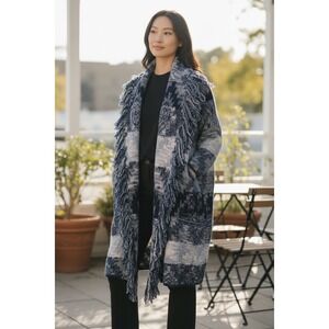 American Eagle Outfitters Women Blue White Fringe Cardigan Sweater Size S